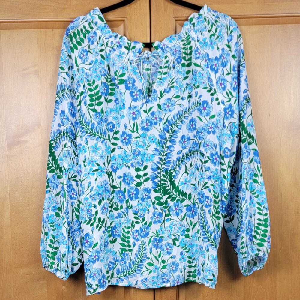 Talbots Blue Climbing Floral Popover Smocked Blouse - L - Picture 4 of 13